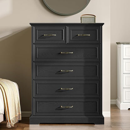 Farmhouse 6 Drawers Dresser for Bedroom, 43" Tall Wood Chest of Drawers with Deep Drawers & Bar Handles, Modern Dresser TV Stand, Rustic Wooden Closet Storage Organizer for Living Room, Hallway, Black
