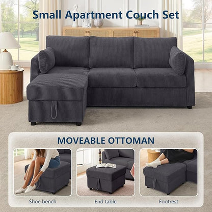 79" Small Couches with Storage Ottoman 3 Seat L Shaped Couch Sectional Sofa with Chaise Lounge for Apartment,Dorm,Bonus Room,Compact Spaces. (Grey, 3+OTT)