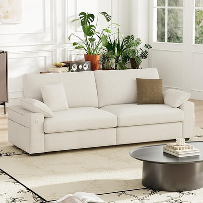 89" Loveseat Sofa, Cloud Foam Couch, 3 Seater Upholstered Midcentury Mondern Love Seat with USB Type C Ports, 4 Pillows and Flip-Open Storage Armrest for Living Room/Small Spaces, Beige