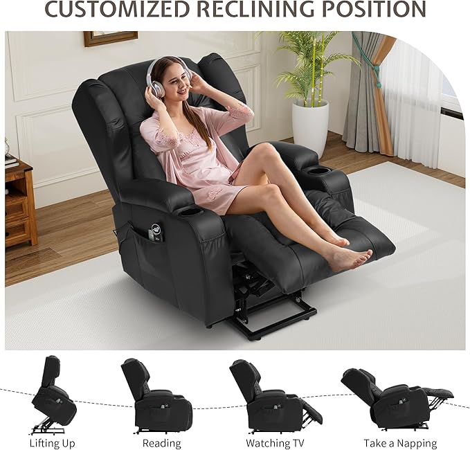 URRED Power Lift Recliner Chair for Elderly, Electric Massage Recliner with Heat, Infinite Position Adjustment, Faux Leather Lift Chair with Cup Holders, Side Pockets & USB Port – Light Black