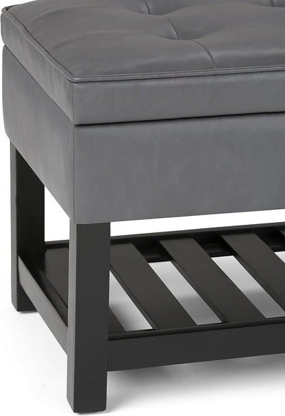 SIMPLIHOME Cosmopolitan 44 inch Wide Transitional Rectangle Storage Ottoman Bench with Open Bottom in Stone Grey Vegan Faux Leather, Assembled for the Living Room and Bedroom