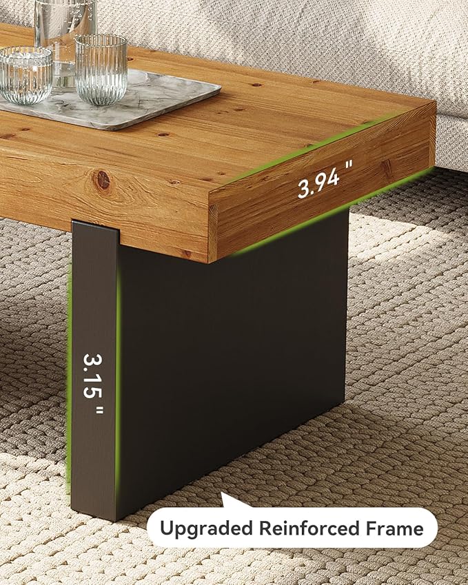 LITTLE TREE Solid Wood Coffee Table, 47.2" Center Table for Living Room, Black and Wood Two-Tone Modern Coffee Table, Rectangle Farmhouse Living Room Table for Bedroom, Easy Assembly, Rustic Natural