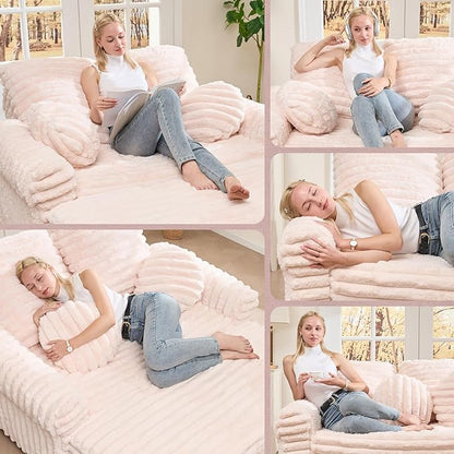 Belffin Upholstered Chaise Lounge Pull Out Sofa Bed with Pillows Couch Bed Sofa Pull Out Couch Sleeper Chair with Rolled Armrests for Living Room Plush Corduroy (Pink)