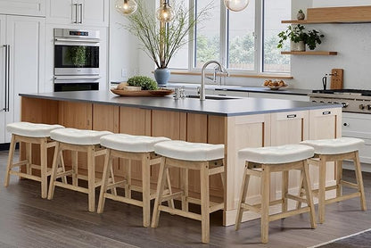 Counter Height White Bar Stools Set of 6 for Kitchen Counter Farmhouse Modern Barstools with Faux Leather Upholstered Backless Seat and Solid Wood Legs 24 inch Bar Chairs, White + Wood Color