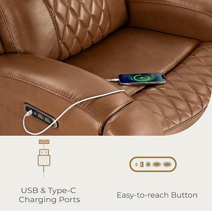CHITA Genuine Leather Recliner Chair for Adults with Adjustable Power Headrest, Lay Flat Power Recliner with Slide-Out Cupholders & USB/Type-C Ports, Living Room Chair, Saddle