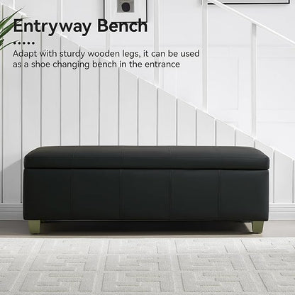51" Faux Leather Storage Ottoman, Stitch Tufted Rectangle Upholstered End of Bed Storage Bench, Entryway Large Couch Ottoman with Wooden Legs, Dark Black
