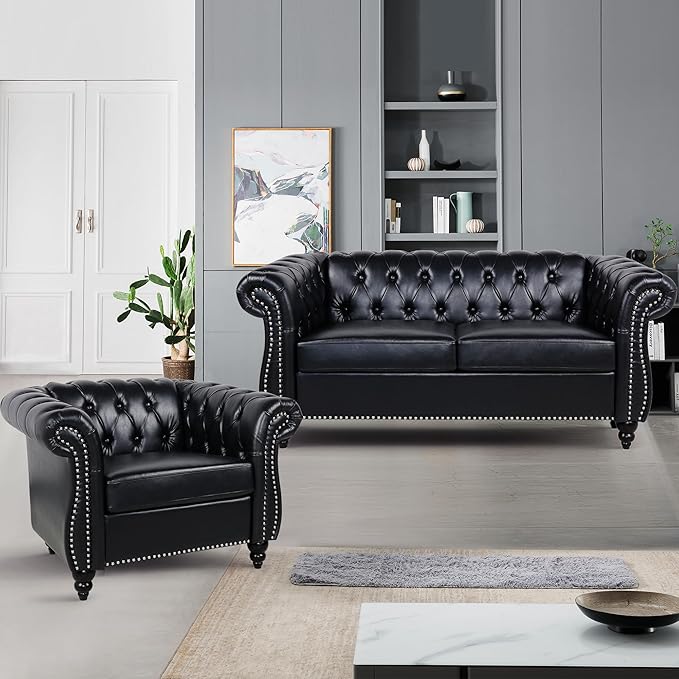 Loveseat Sofa Couch, Modern PU Leather Upholstered Sofa, Oversized Comfy 2 Seater Love Seat Couch with Cushions, Mid Century Tufted Chesterfield Sofa for Living Room, Bedroom, Apartment (Black)