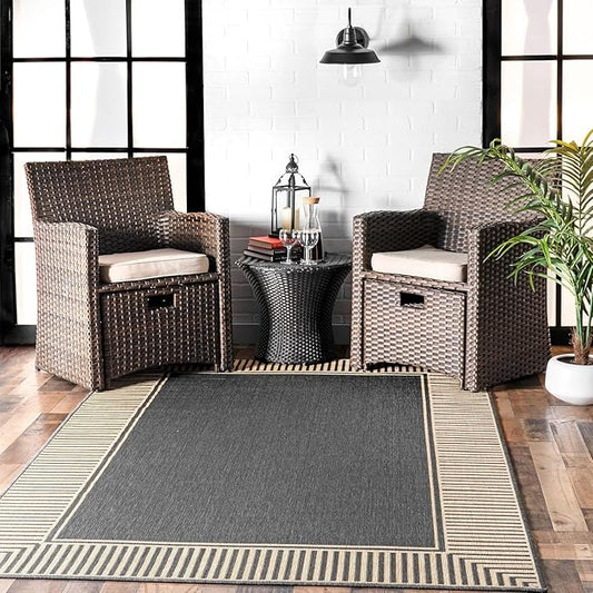 nuLOOM 10' x 13' Outdoor Area Rug, Casual Design with Striped Border, Stain Resistant, Highly Durable, for Patio, Balcony, Bedroom, Living Room, Dining Room, Bathroom, Dark Grey