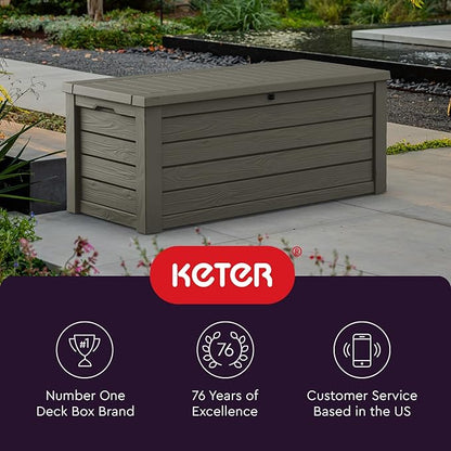 Keter Westwood 150 Gallon Resin Large Outdoor Storage Box for Patio Furniture, Outdoor Cushions, Garden Tools and Pool Floats, Taupe