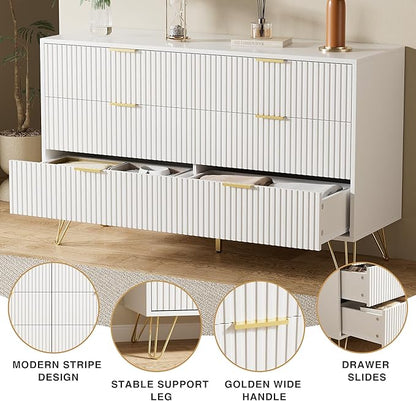 White Dresser for Bedroom, Modern Dresser with Gold Metal Handles & Chests of Drawers for Bedroom, 15.7" D x 47.2" W x 29.5" H