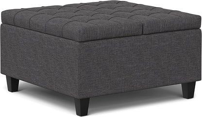 SIMPLIHOME Harrison 30 inch Wide Transitional Square Small Coffee Table Storage Ottoman in Slate Grey , Assembled, For the Living Room and Bedroom
