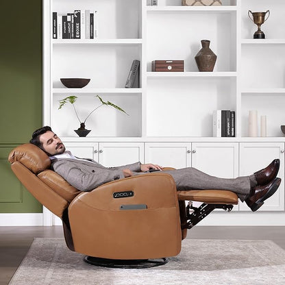 CHITA Leather Power Swivel Recliner Chair for Adults, Triple Motor Electric Rocker Recliner for Living Room with Adjustable Headrest and Lumbar Support, USB & Type-C Charging Ports, Saddle Brown