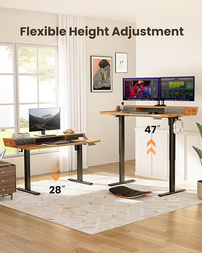 ErGear Electric Standing Desk with Drawers, 48″ x 24″ Gaming Table Compatible Monitor Stand, Stand up Desks, Home Office Height-Adjustable Desk with Storage Shelf, 4 Preset Heights, Vintage Brown