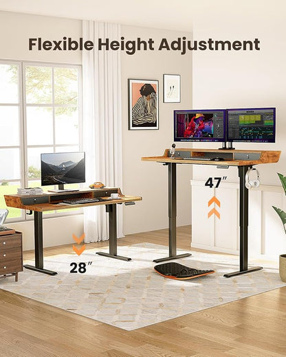 ErGear Electric Standing Desk with Drawers, 48″ x 24″ Gaming Table Compatible Monitor Stand, Stand up Desks, Home Office Height-Adjustable Desk with Storage Shelf, 4 Preset Heights, Vintage Brown