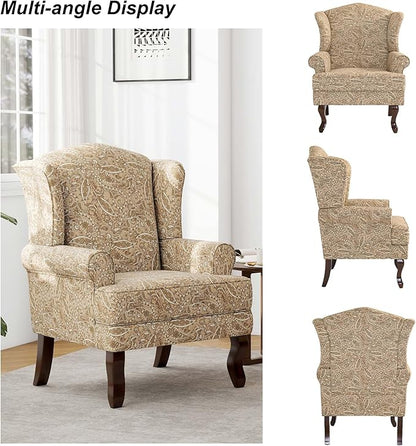 Accent Chair Set of 2, High Back Upholstered Armchair with High Resilience Sponge & Wood Legs, Mid-Century Modern Comfy Single Sofa Reading Chairs for Living Room, Bedroom-Floral Light Brown