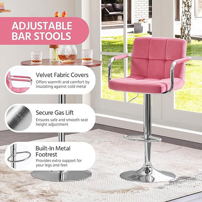 Yaheetech Bar Stools Set of 4, Velvet Fabric Swivel Barstools, Height Adjustable Counter Chairs, Modern Stools with Back for Bar Kitchen Island Dining Room, Pink
