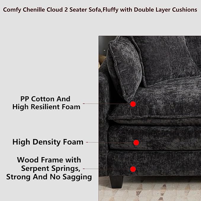 Aoowow Modular Sectional 2 Seater Cloud Sofa Couch for Living Room,78" Loveseat Couch with Deep Seat,Modern Chenille 2 Seat Sofas,Fluffy Small Couches for Bedroom,Small Spaces (Black, 2 Seater)