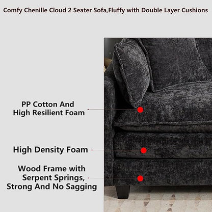 Aoowow Modular Sectional 2 Seater Cloud Sofa Couch for Living Room,78" Loveseat Couch with Deep Seat,Modern Chenille 2 Seat Sofas,Fluffy Small Couches for Bedroom,Small Spaces (Black, 2 Seater)