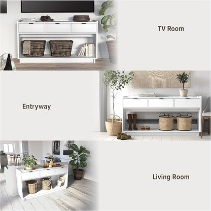 Prepac White Simply Modern Entryway Table, Narrow Console Table with 3 Drawers, Media Console with Storage, 15.75" D x 60.25" W x 32" H