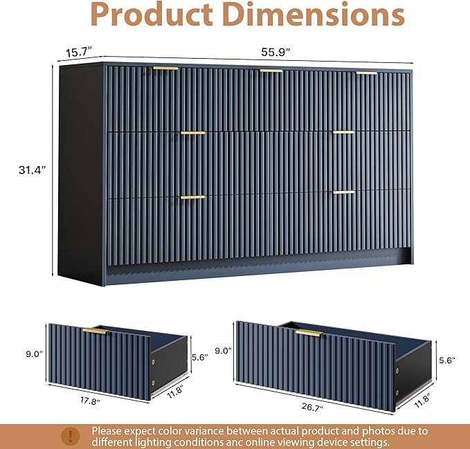 3-Piece Dresser Bedroom Set, 7 Drawer Dresser & 3 Drawer Nightstands with Gold Handles, Fluted Wood Chest of Drawers for Bedroom, Living Room, Entryway, Navy Blue