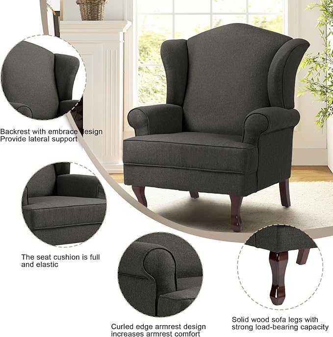 Pia Ricco High Back Floral Accent Chair, Upholstered Fabric Armchair with Solid Wood Legs - Retro Living Room Reading Chair, Comfortable Single Sofa Seat-Charcoal Grey