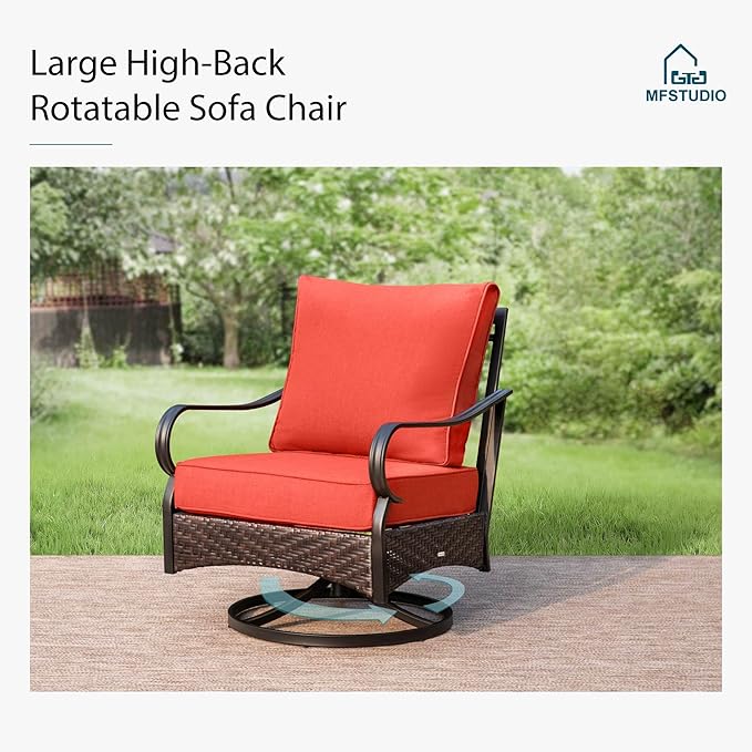 MFSTUDIO 5 PCS Outdoor Patio Furniture Set, Metal Outdoor Conversation Set, Rattan Wicker Patio Sectional Sofa Set with 2 x Swivel Single Sofa, 2-Seat and 3-Seat Sofa, 1 x Coffee Table, Red