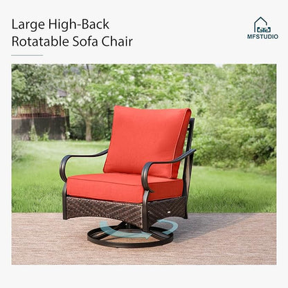 MFSTUDIO 5 PCS Outdoor Patio Furniture Set, Metal Outdoor Conversation Set, Rattan Wicker Patio Sectional Sofa Set with 2 x Swivel Single Sofa, 2-Seat and 3-Seat Sofa, 1 x Coffee Table, Red