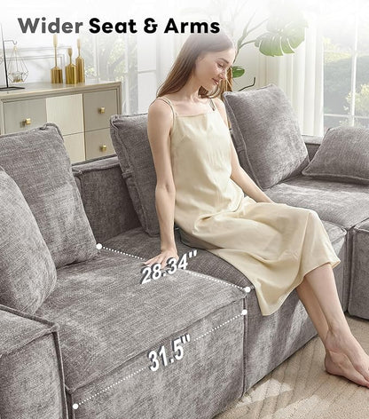 WILLOVE 47'' Single Sofa with Ottoman, Chenille Cloud Couch with Wide Armrests & 3 Pillows, Deep Seat Couches for Living Room, Grey