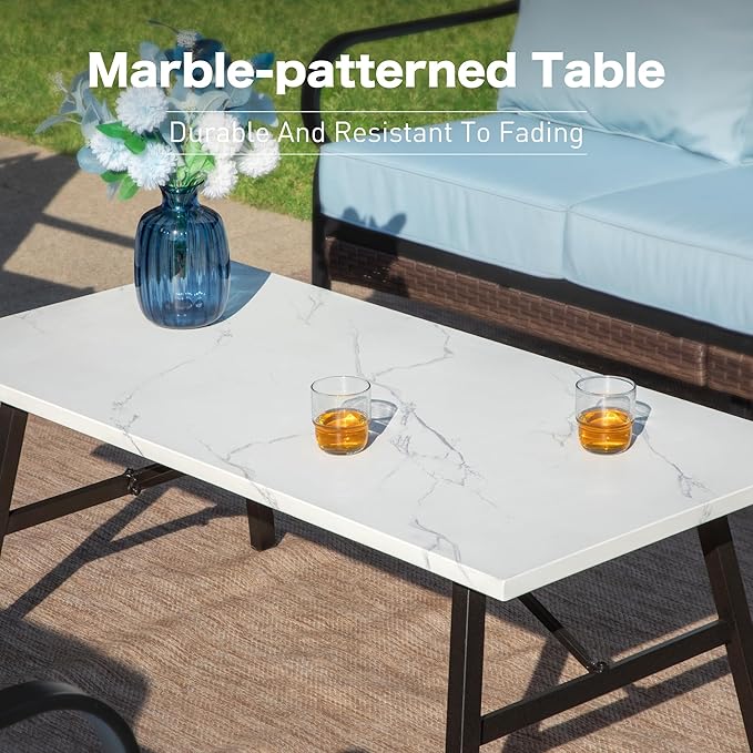 6 Piece Metal Outdoor Patio Furniture Set - 1 3-Seater & 2 Fixed & 2 Swivel Sofas with 5.75" Thick Cushion & Coffee Table - Black & Blue Backyard Furniture