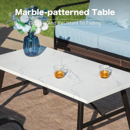 6 Piece Metal Outdoor Patio Furniture Sets, Patio Conversation Sets 1 3-Seater Sofa, 4 Single Sofa with 5.75" Extra Thick Cushion & Coffee Table, Black Frame Backyard Furniture, Blue