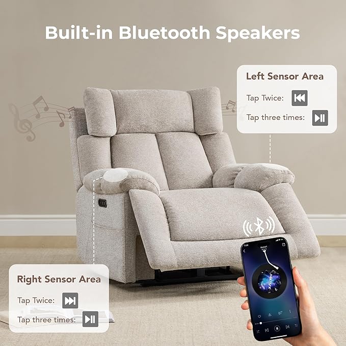 CHITA Oversized Power Recliner Chair with Bluetooth Speakers for Adults, Lay Flat Recliner with Power Lumbar Support, Manual Winged Headrest and USB & Type-C Charging Ports, Taupe