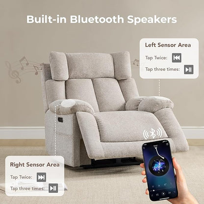 CHITA Oversized Power Recliner Chair with Bluetooth Speakers for Adults, Lay Flat Recliner with Power Lumbar Support, Manual Winged Headrest and USB & Type-C Charging Ports, Taupe
