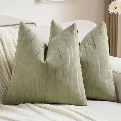 FUTEI Olive Green Chenille Decorative Throw Pillow Covers 22x22 Inch Set of 2,Soft Embossed Striped Textured Cushion Case,Modern Home Decor for Couch Bed Living Room