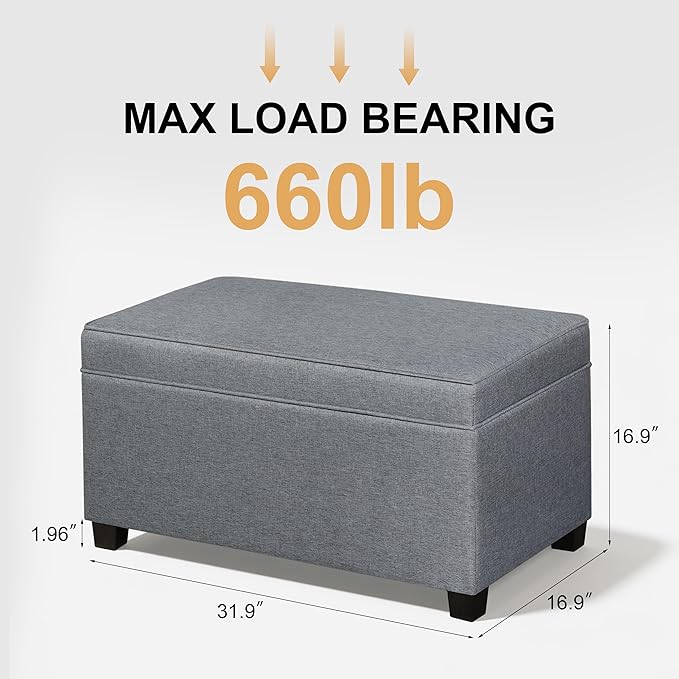 Adeco 31 Inches Storage Ottoman Bench, Non-Folding End of Bed Foot Rest Stools Ottoman with Thicker Foam Padded Seat, Upholstered Storage Chest for Living Room, Entryway, Bedroom