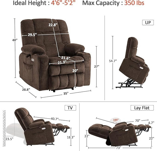 MCombo Dual Motor Power Lift Recliner Chair for Elderly, Lay Flat Lift Chair with Heat and Massage, Petite Lift Chair, Cup Holders, USB A&C Ports, Fabric 7893 (Small, Coffee)