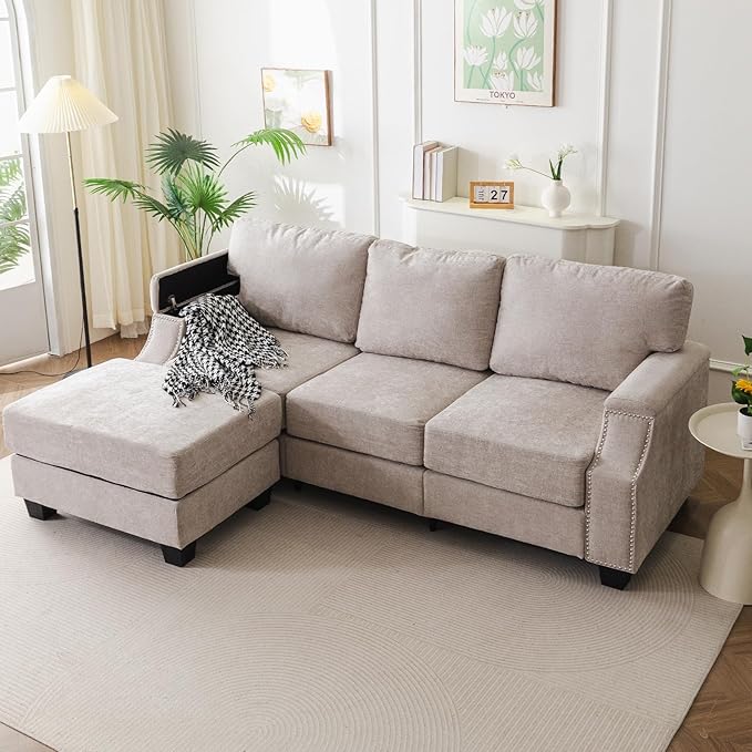 85'' L Shaped Couch with Armrest Organizer,3 Seats Sofas with Storage Ottoman,Comfy Sectional Sofa with Thick Cushion,Chenille Sectional Couches for Living Room,Bedroom,Apartment,Khaki