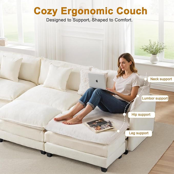 U-Shaped Cloud Chenille Sectional with 2 Ottomans, 146" Modular Sofa for Large Spaces, Ultimate Comfort with Deep Seats & Pillows, Solid Frame, 1YR Warranty