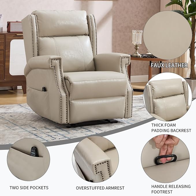 Manual Recliner Chair with Massage & Lumbar Heat, Breathable Leather Reclining Chair for Adults, Humanized Design Easy to Install Living Room Recliners Beige