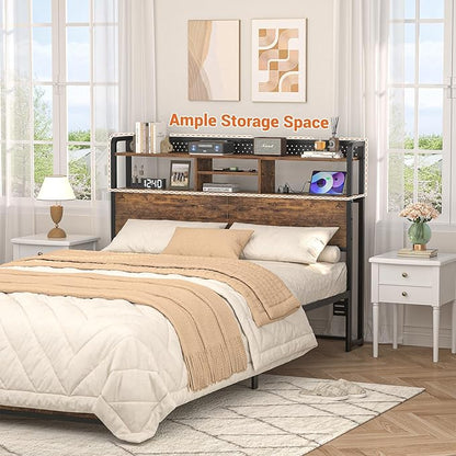 Unikito Headboard for Queen Size Bed with Storage Shelf, Head Board with 3 Outlets and 2 USB Ports, Headboards with RGB LED Light, Height Adjustable, Sturdy and Stable, Easy Assembly, Rustic Brown