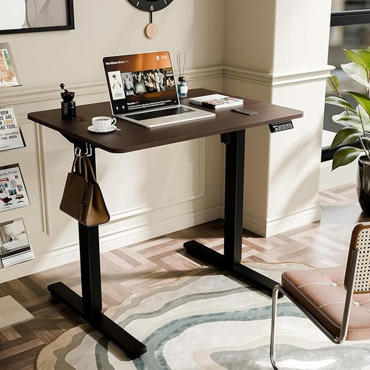 ERGOMAKER Electric Standing Desk, 31.5" x 23.6" Height Adjustable Sit Stand Desk with Splice Board for Home Office, Computer Desk Memory Preset (Black Frame, Walnut Desktop)