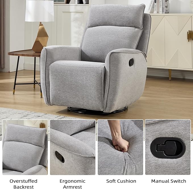INZOY Nursing Rocking Chair Recliner, Swivel Rocker Recliner, Swivel Glider Rocking Recliners with Soft Backrest, Chenille Fabric Manual Reclining Sofa for Living Room Bedroom Apartment, Grey