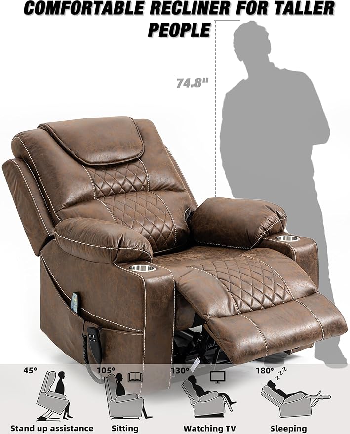 26in Extra Large Lazy Boy Recliner Chair for Tall Men Up to 6'2"/350lb Adjustment Power Lift Recliner Chair with Cupholder, Massage Chair Recliner with Lumbar Heating