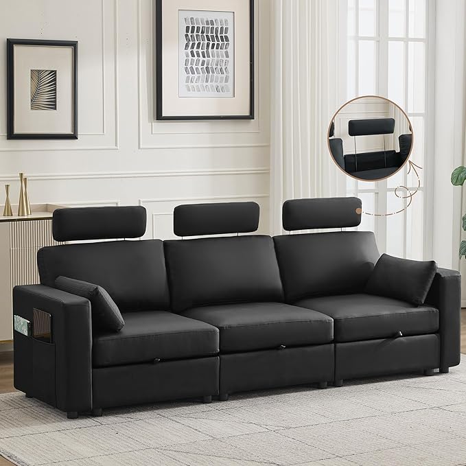 98.2" Oversized 3 Seater Storage Couch, Faux Leather Modular Sectional Sofa with Headrest & Side Pockets, Cloud Upholstered Couches Deep Seat, Sofas for Living Room Apartment Small Spaces, Black