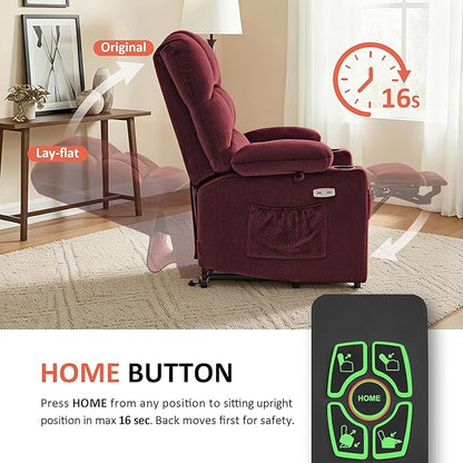 MCombo Dual Motor Power Lift Recliner Chair with Massage and Heat for Elderly People, Infinite Position, USB Ports, Cup Holders, Fabric 7679 (Medium, Burgundy)
