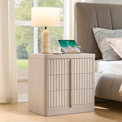 23.6" Nightstand with Charging Station, Side Table with 3 Large Storage Drawers, Mid Century Modern Night Stand with Solid Wood Handle, Bedside End Table for Bedroom, Living Room, Closet