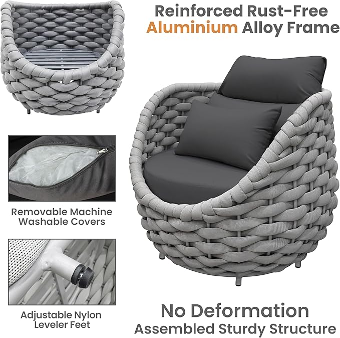 Fully Assembled Patio Furniture Set: 5-Piece Woven Rope Outdoor Conversation Set Cushioned - Modern Metal Deck Loveseat Chair Table Set - Porch Seating for Courtyard Garden Poolside Hotel Resort