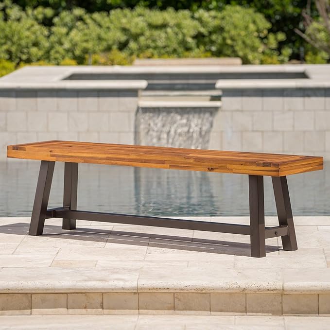 Christopher Knight Home Carlisle Outdoor Acacia Wood and Rustic Metal Bench, Sandblast Finish / Rustic Metal 14. 75 x 63 x 17. 50 inches