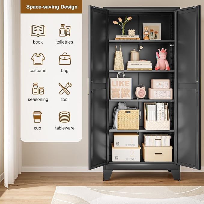 Large Metal Kitchen Pantry Storage Cabinet with Adjustable Shelves - Freestanding Kitchen Storage Cabinet for Dining Room,Livingroom Bathroom, Hallway, Workshop, Office (Black, 71"- 0 drawer)