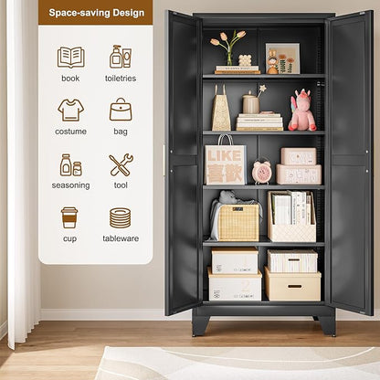 Large Metal Kitchen Pantry Storage Cabinet with Adjustable Shelves - Freestanding Kitchen Storage Cabinet for Dining Room,Livingroom Bathroom, Hallway, Workshop, Office (Black, 71"- 0 drawer)