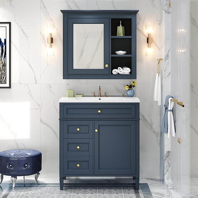 30" Bathroom Vanity with Matching Medicine Cabinet, Modern Sink Storage Cabinet with Drawers, Soft Closing Doors and Shelf, Bathroom Vanities with Sink & Mirror